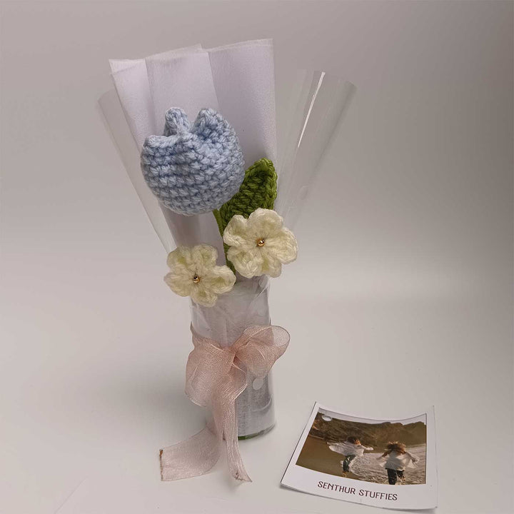 Handmade Crochet Blue Tulip Mini Flower Bouquet | Includes Photo & Greeting Card