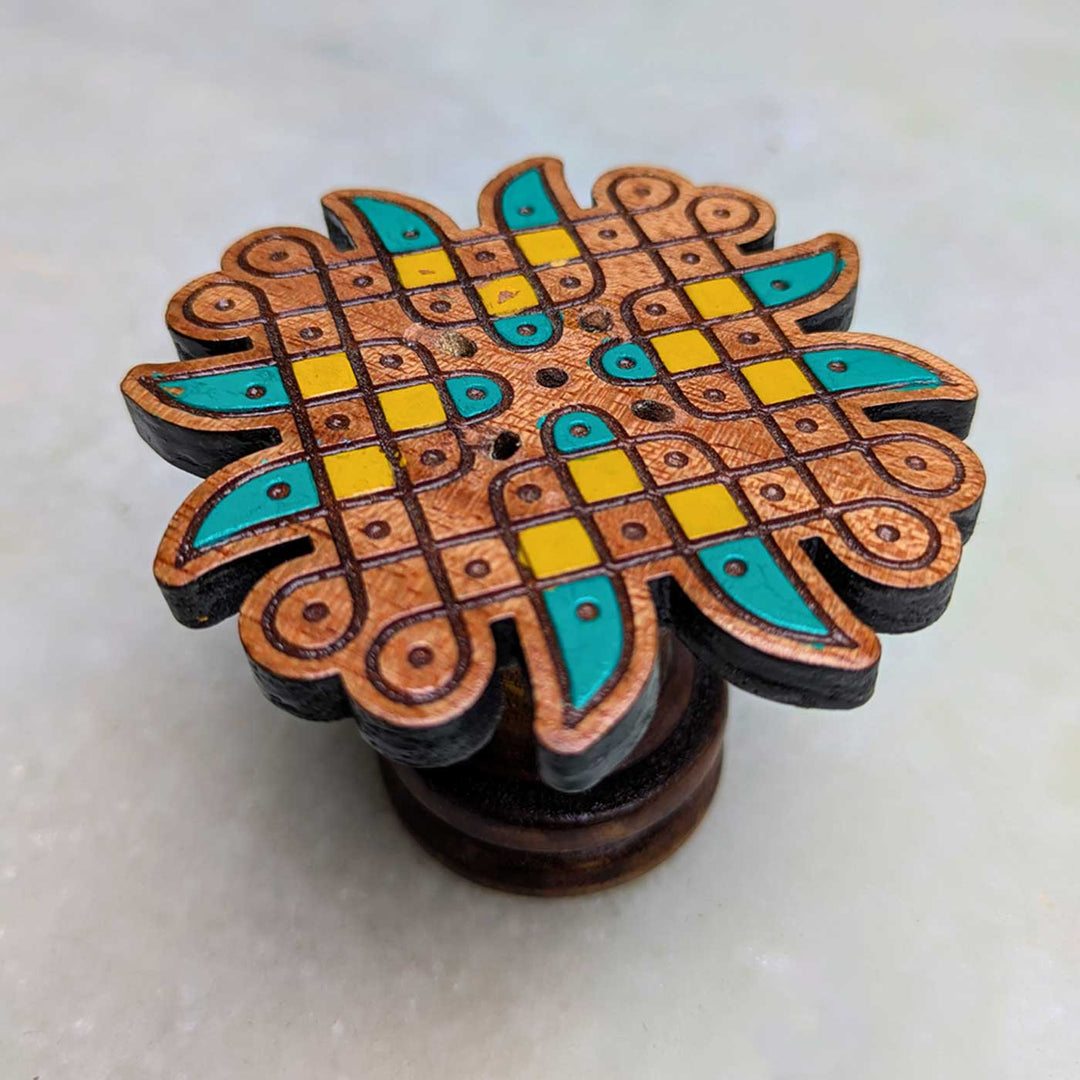 2 pc |  Hand-Painted Engraved Turquoise Blue & Yellow Mahogany Wood Kolam Agarbatti Holder For Pooja Room