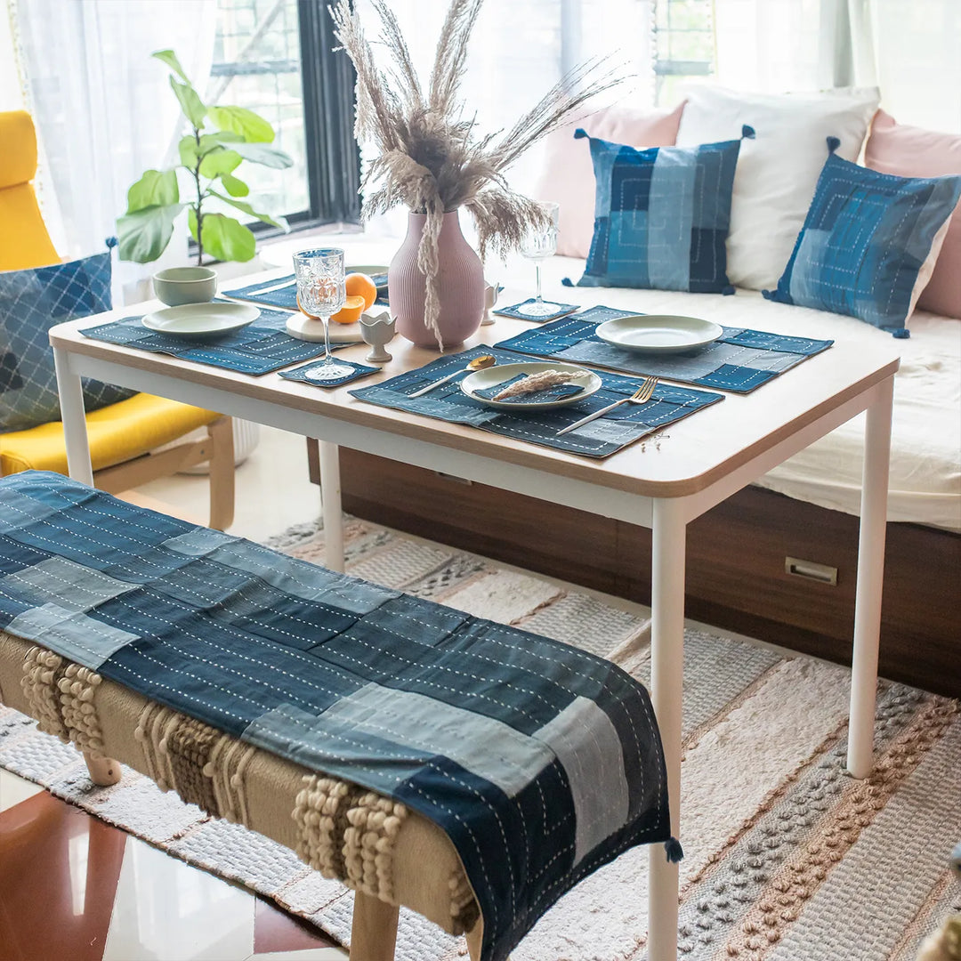 Upcycled Hand Embroidered Denim Boxed Eco-Friendly Table Runner & Mat