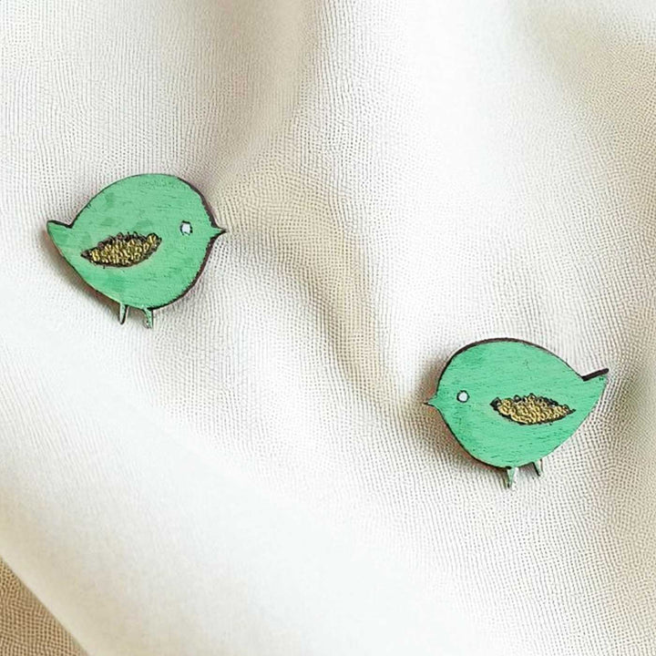 Handmade Green Bird Wooden Earrings