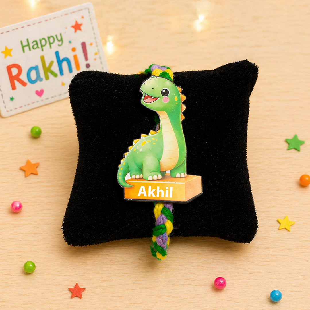 Personalized Reusable Green Dino MDF Wood Rakhi With Roli Chawal