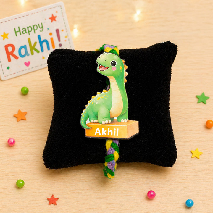 Personalized Reusable Green Dino MDF Wood Rakhi With Roli Chawal