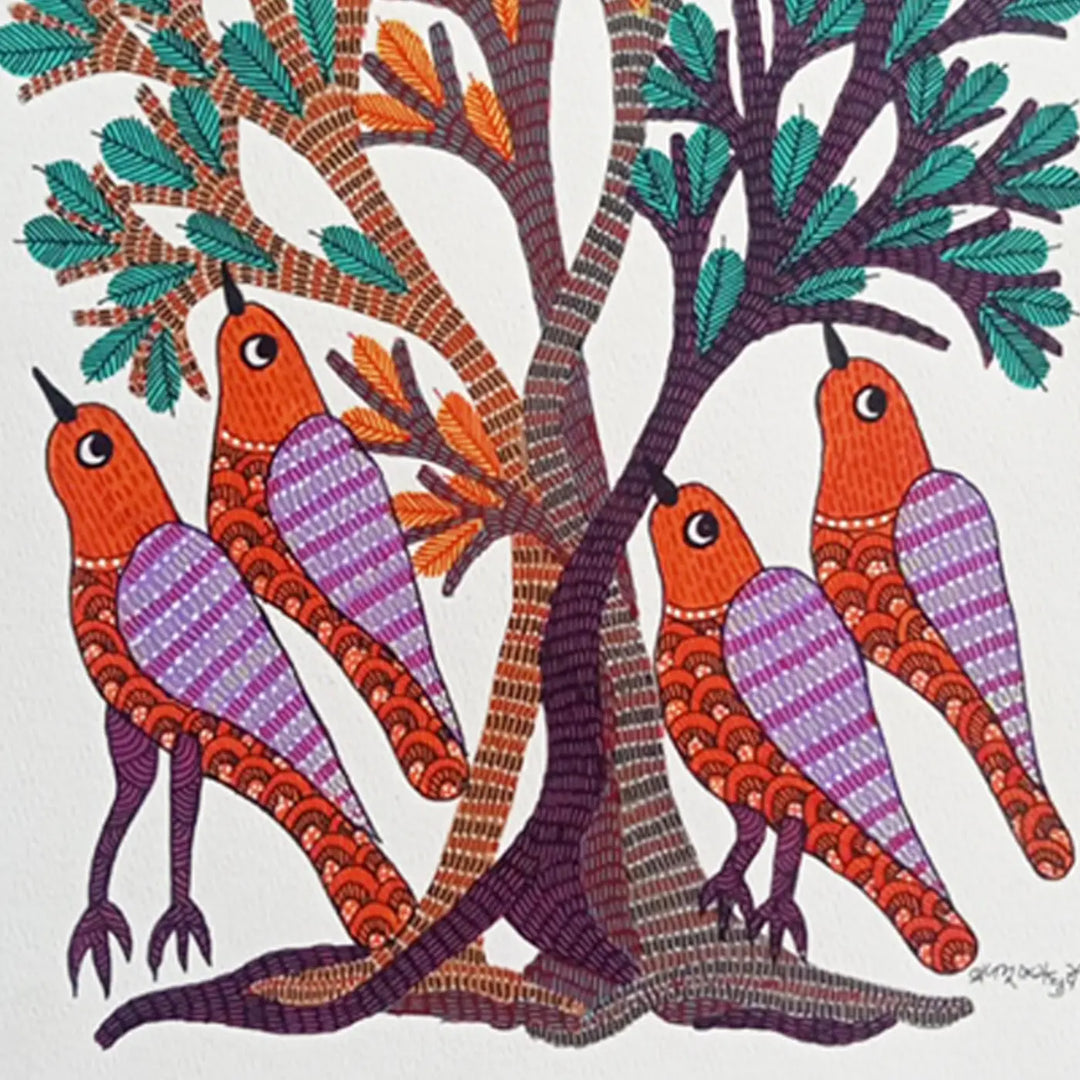 11 x 16 Inch | Birds Resting Under Tree | Original Hand Painted Tribal Gond Art Painting | Acrylic Paint On Paper