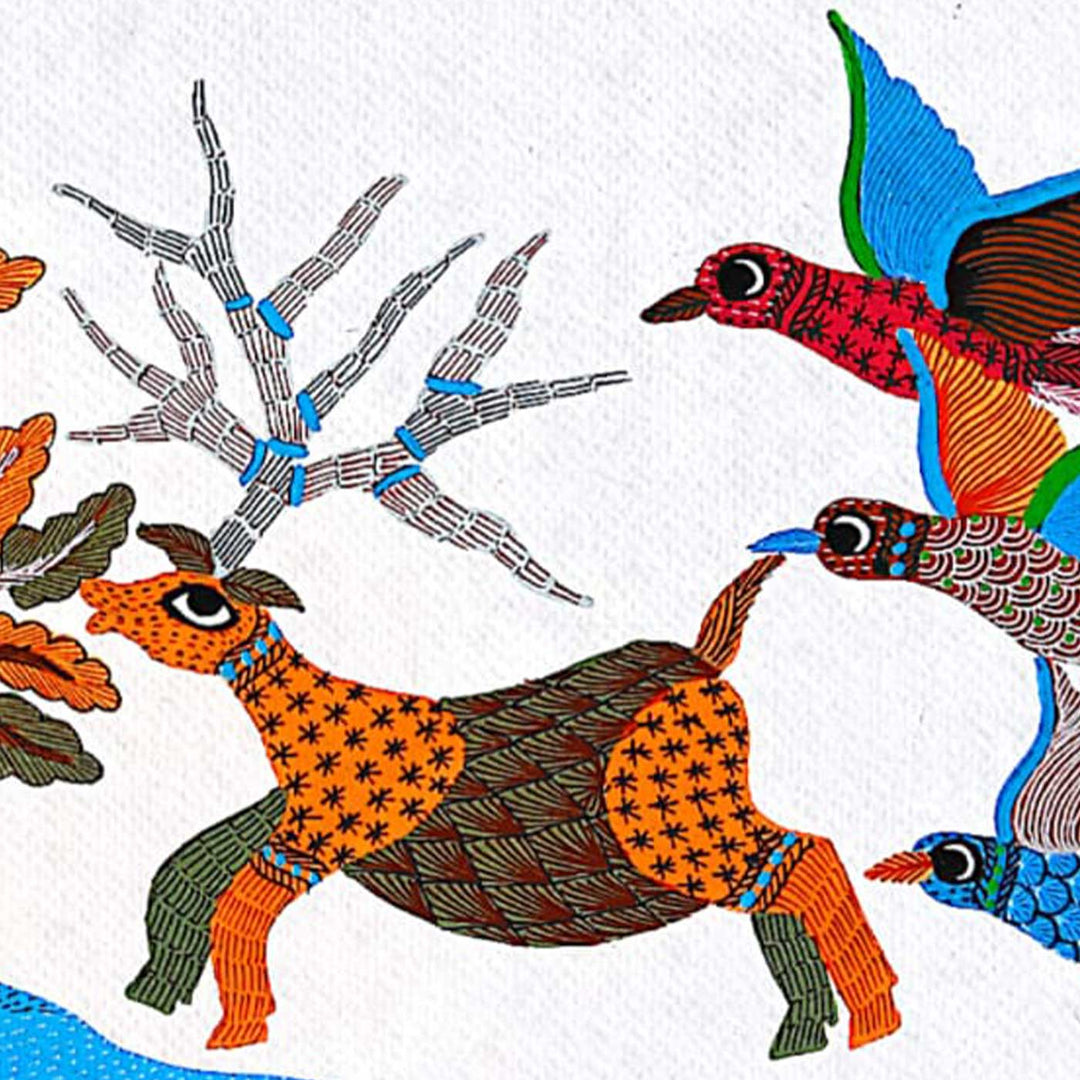 11 x 15 Inch | Playful Nature | Original Hand painted Tribal Gond Art Painting | Acrylic Paints On Paper