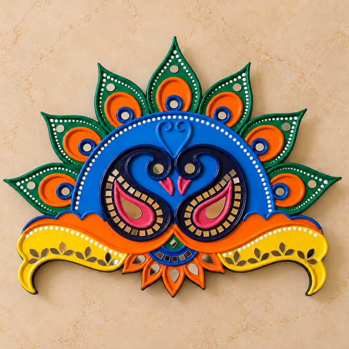 9 Inch Reusable Handcrafted Mayur Jodi Twin Peacock Lippan Art MDF Rangoli for Festive Decor