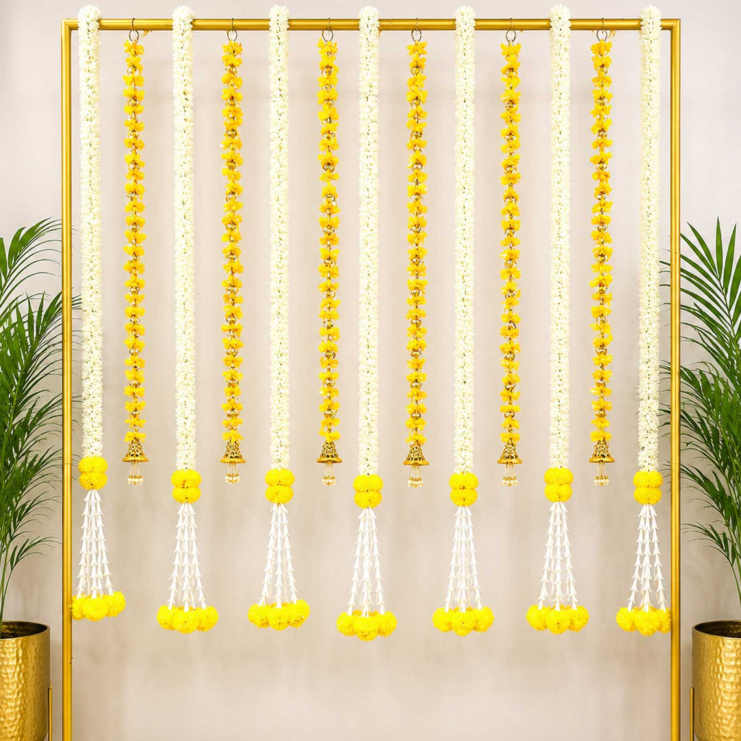 8 pc | Handcrafted Artificial Mogra, Marigold And Yellow Tassel Flower Hangings With Gold Bead Detailing