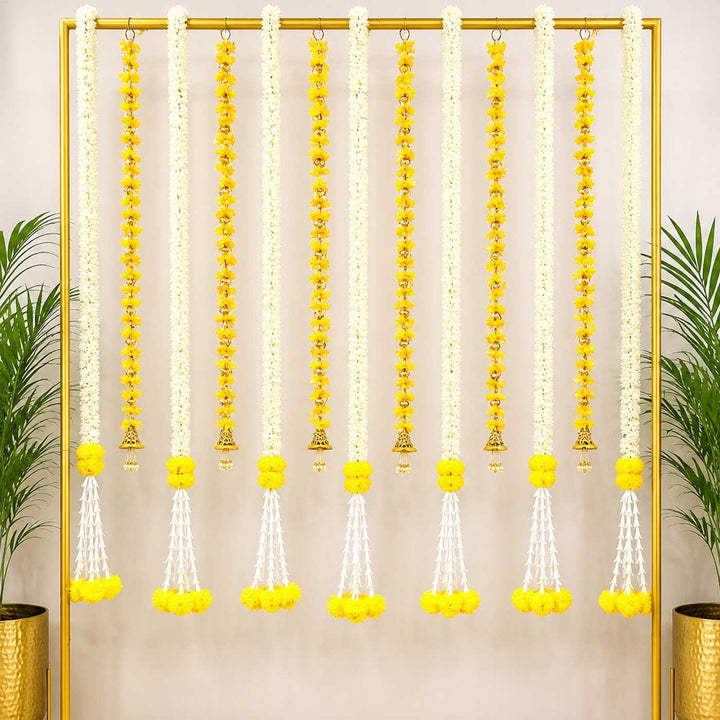 8 pc | Handcrafted Artificial Mogra, Marigold And Yellow Tassel Flower Hangings With Gold Bead Detailing