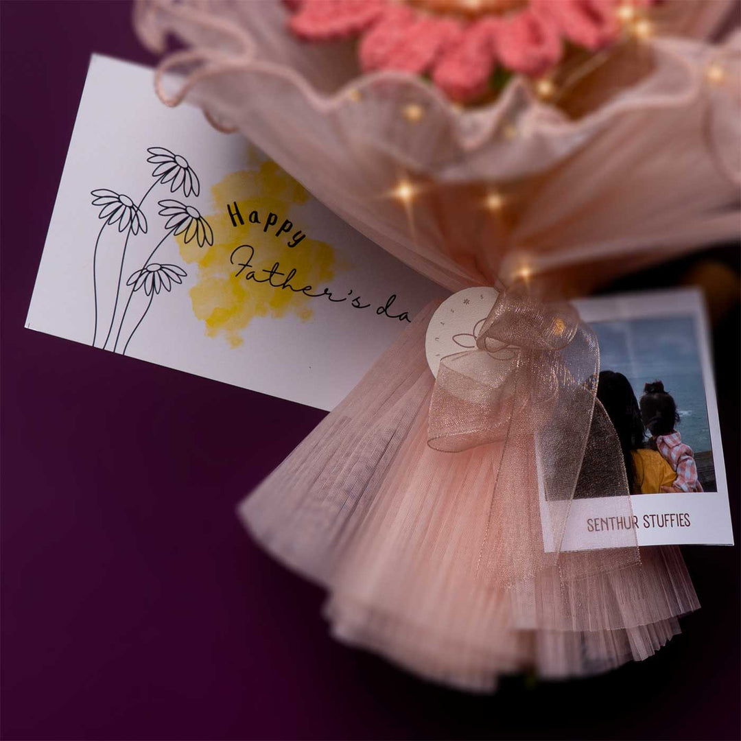 Handmade Crochet Sunflower Bouquet With Lights | Includes Photo & Greeting Card