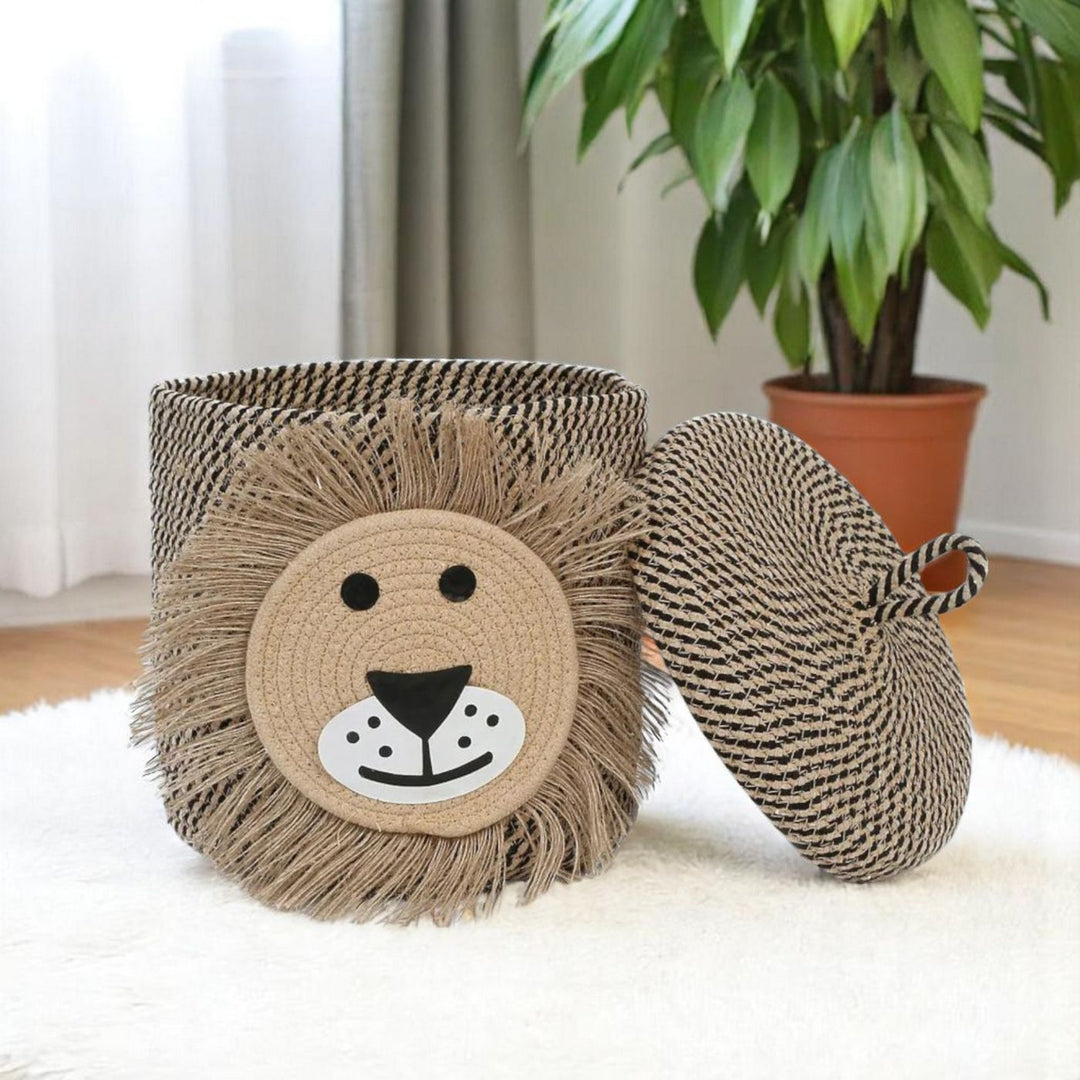 Handmade Coil Basketry Lion Theme Foldable Cotton Rope Basket for Kids