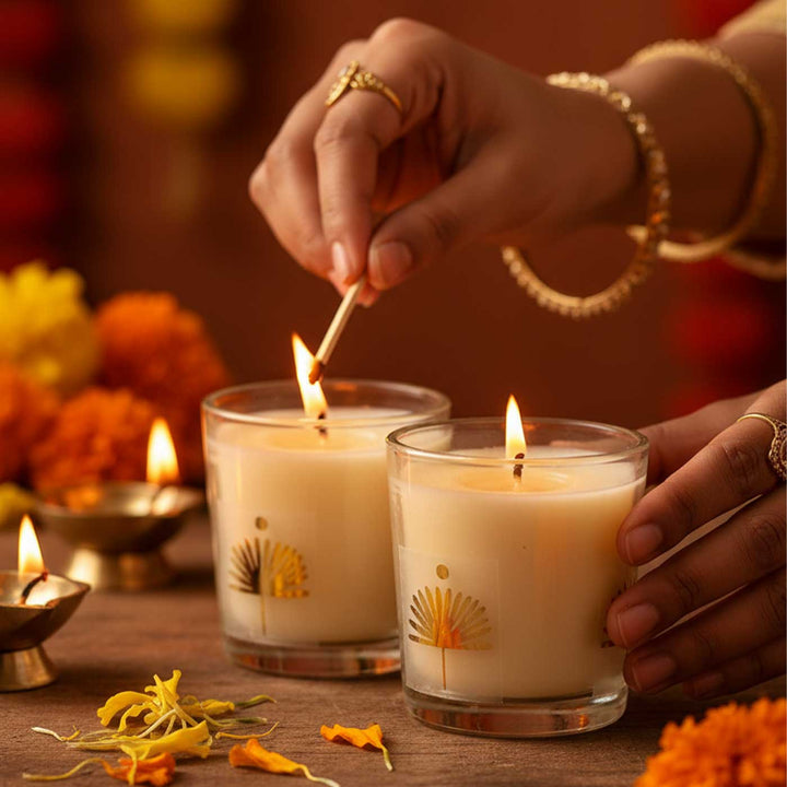 Set Of 2 | Handmade Meera Gold Foil Glass Jar Soy Wax Candle With Smoked Oudh Fragrance