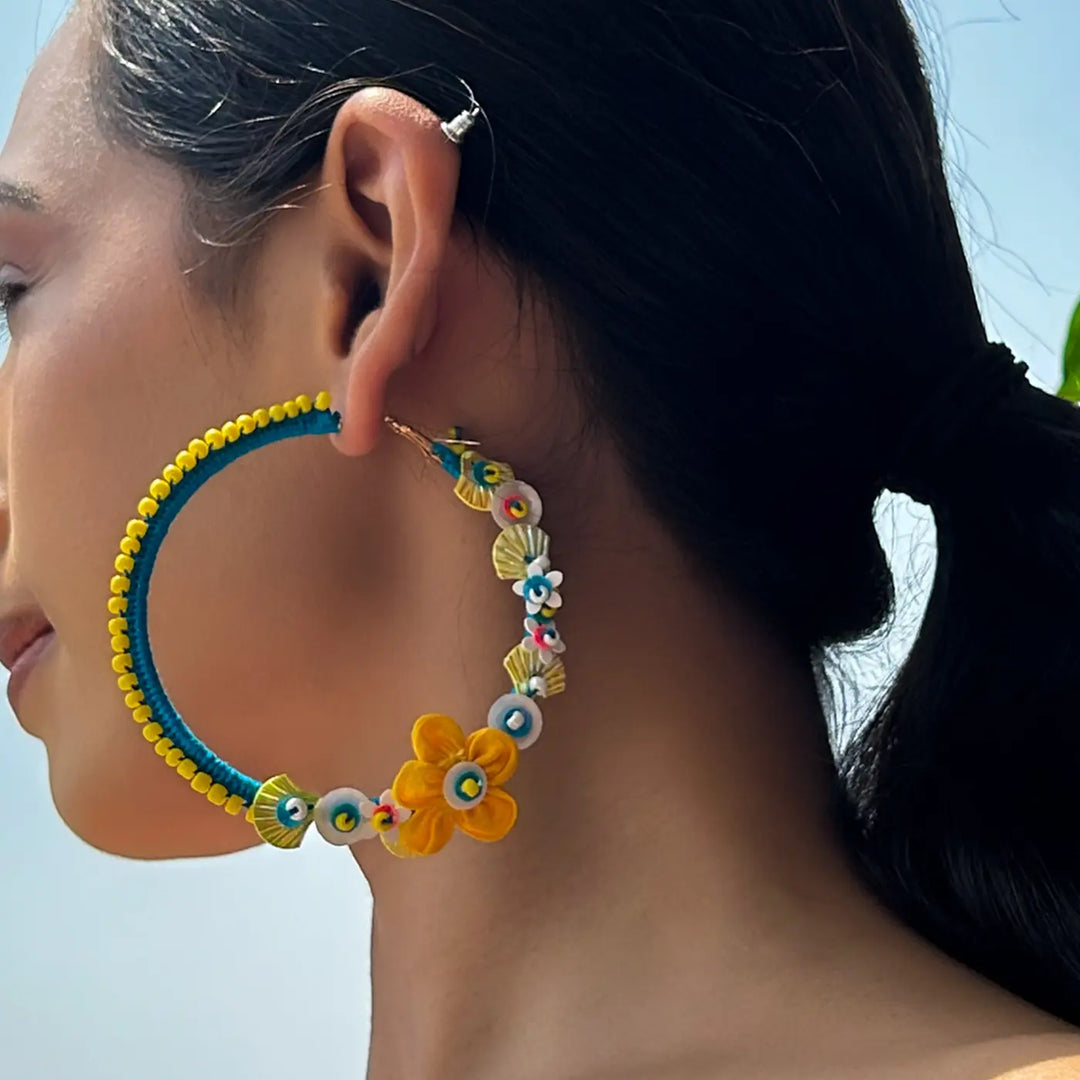 Hand Embroidered Beaded Yellow & Blue Garden Inspired Motifs Cotton Earrings