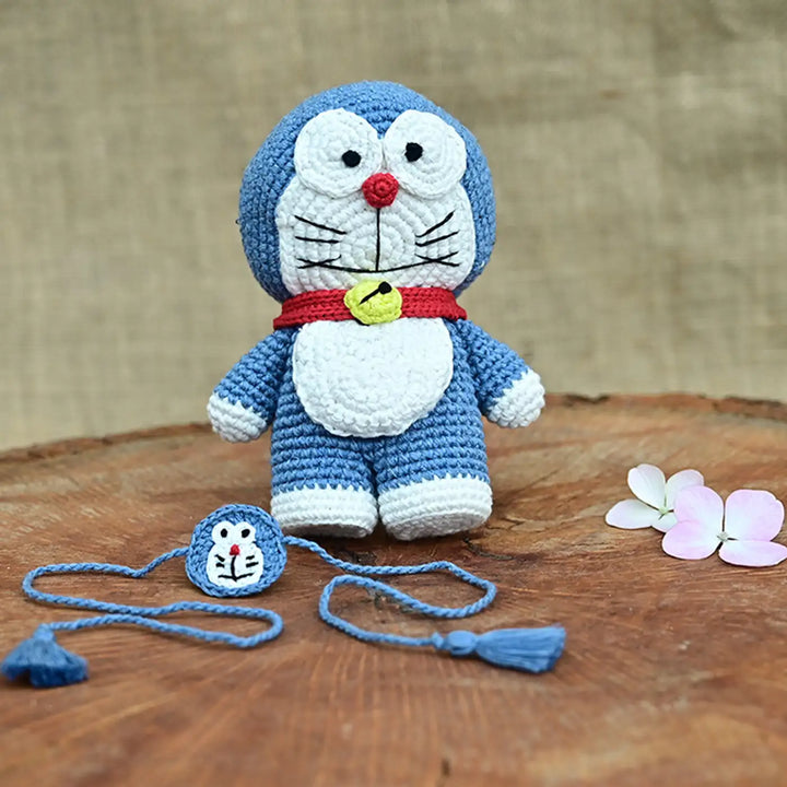 Handmade Crochet Doremon Theme Rakhi Hamper With Roli Chawal | Includes 1 Toy, 1 Rakhi