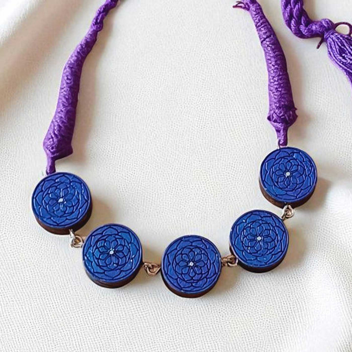Handmade Blue Round Floral Wooden Necklace