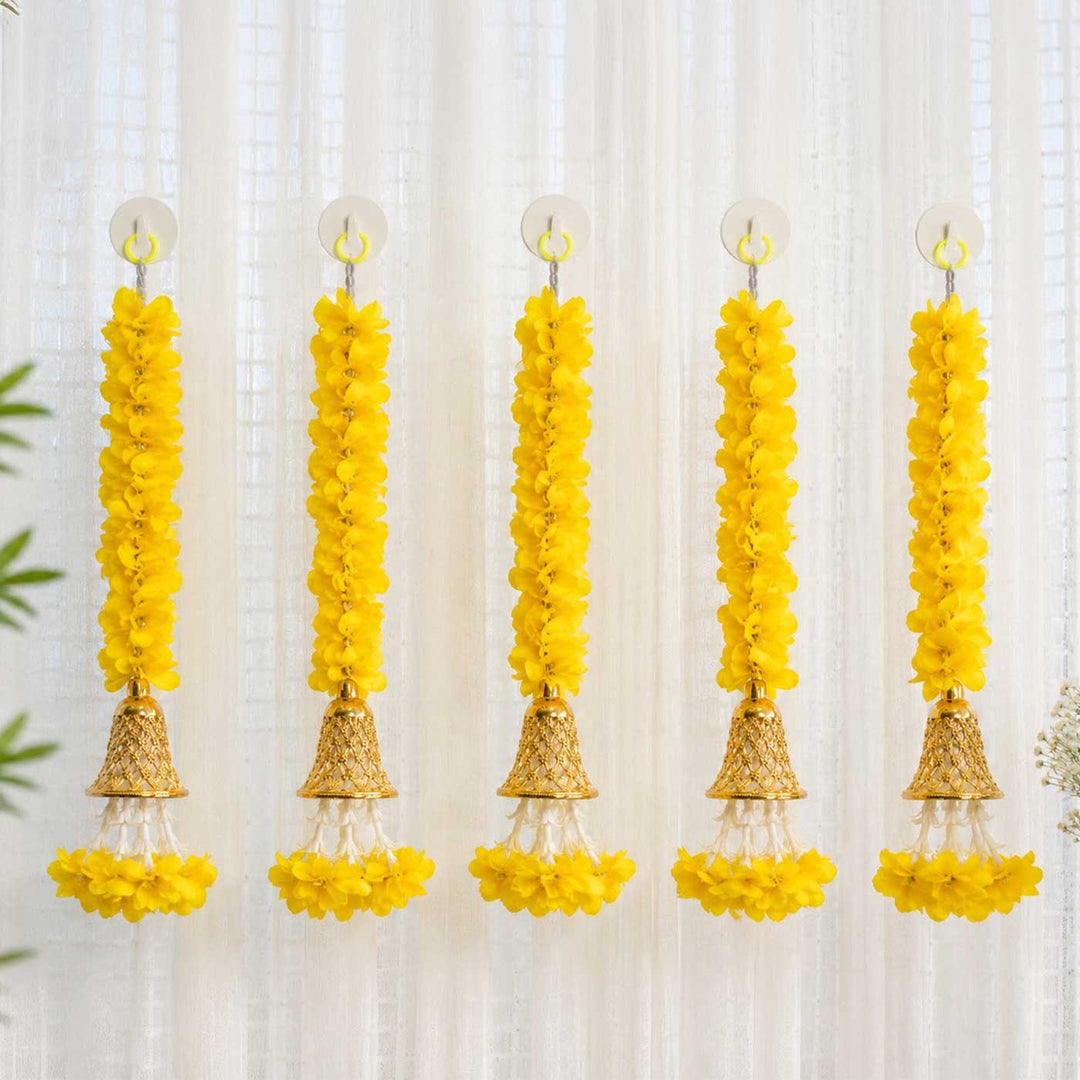 Handcrafted Small Yellow Artificial Flowers Door Hangings With Tassel Bells