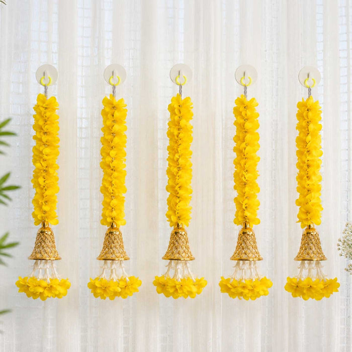 Handcrafted Small Yellow Artificial Flowers Door Hangings With Tassel Bells