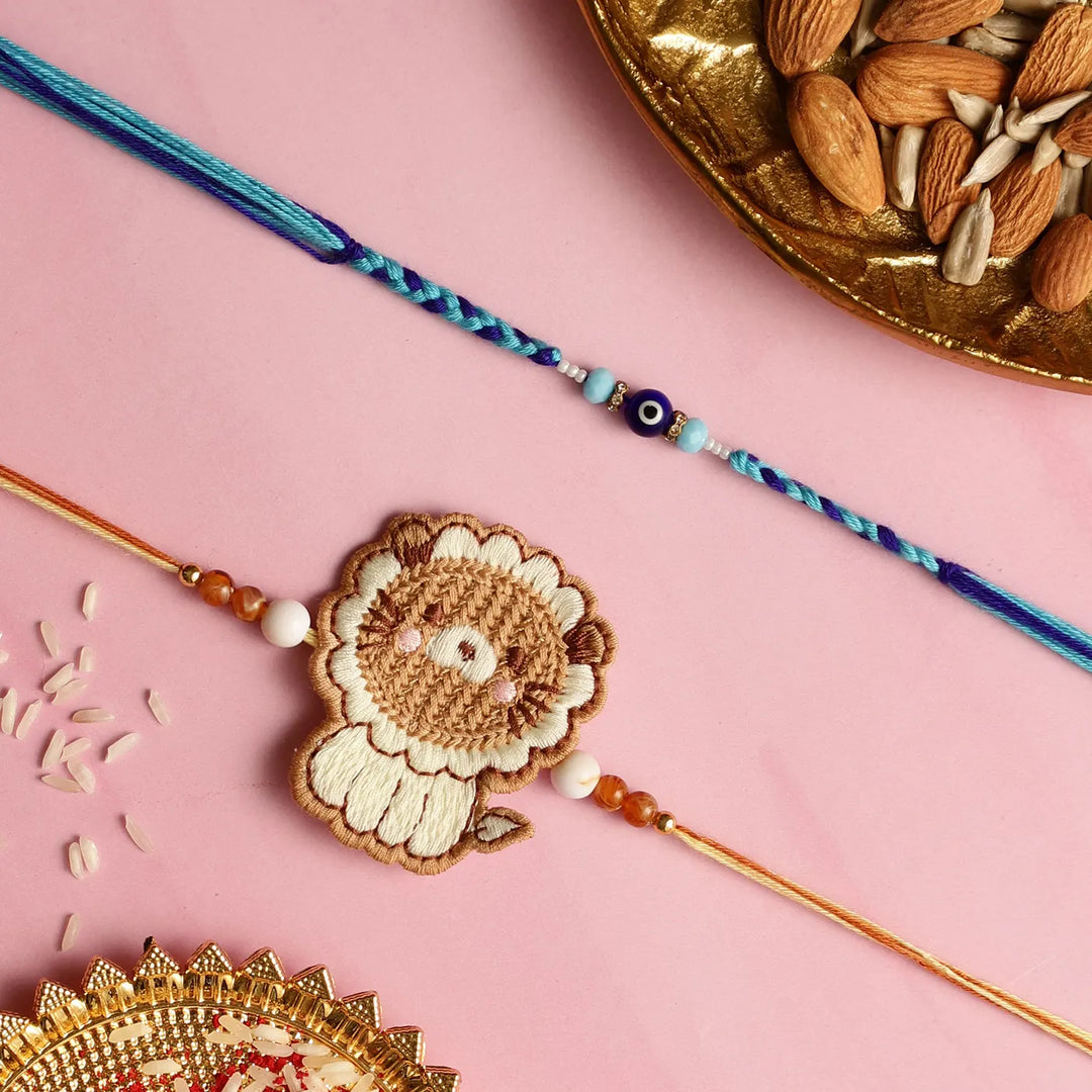 Handmade Lion & Evil Eye Kids Rakhi With Roli Chawal | Set Of 2