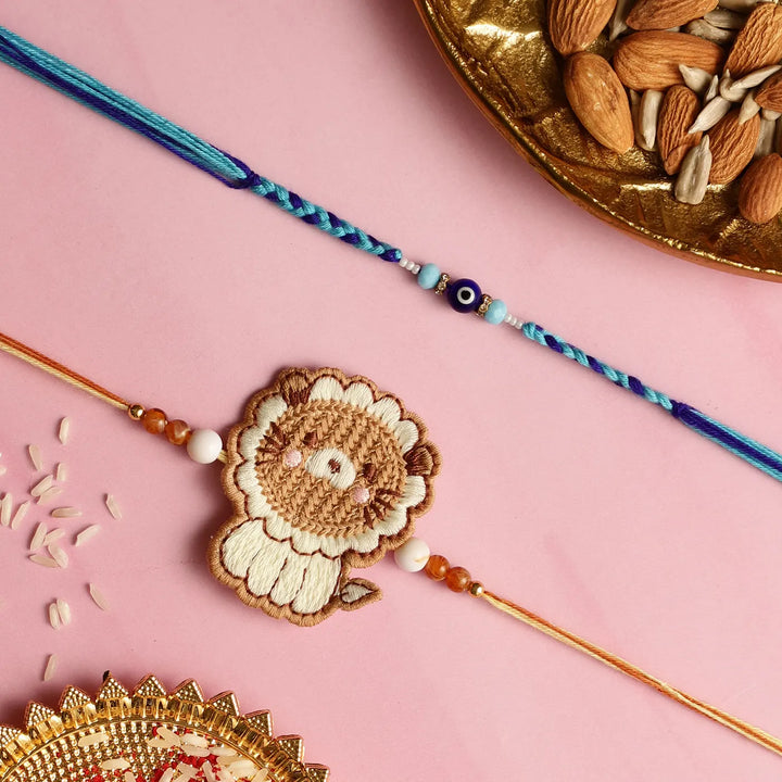 Handmade Lion & Evil Eye Kids Rakhi With Roli Chawal | Set Of 2