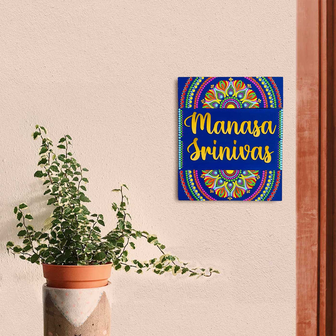 Personalized Hand-Painted Dot Mandala Blue Mdf Wood Name Plate