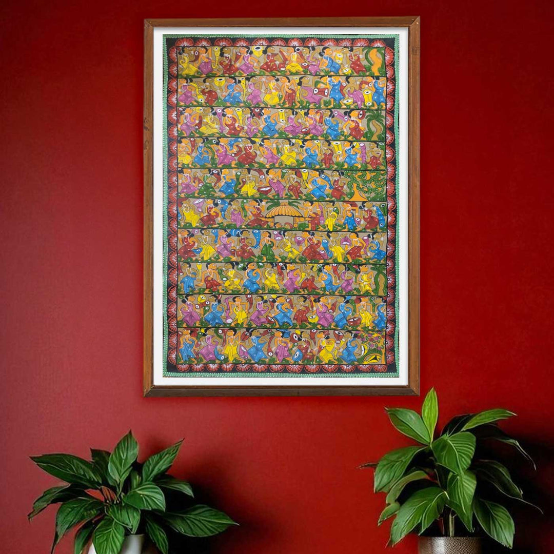 44 x 29 Inch | Ras Leela of Lord Krishna | Original Hand Painted Kalighat Painting | Natural Colors On Paper