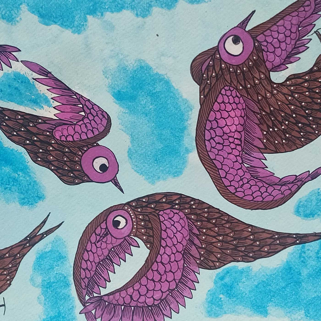 16 x 23 Inch | Playing Birds In Sky | Original Hand Painted Tribal Gond Art Painting | Acrylic Paints On Paper