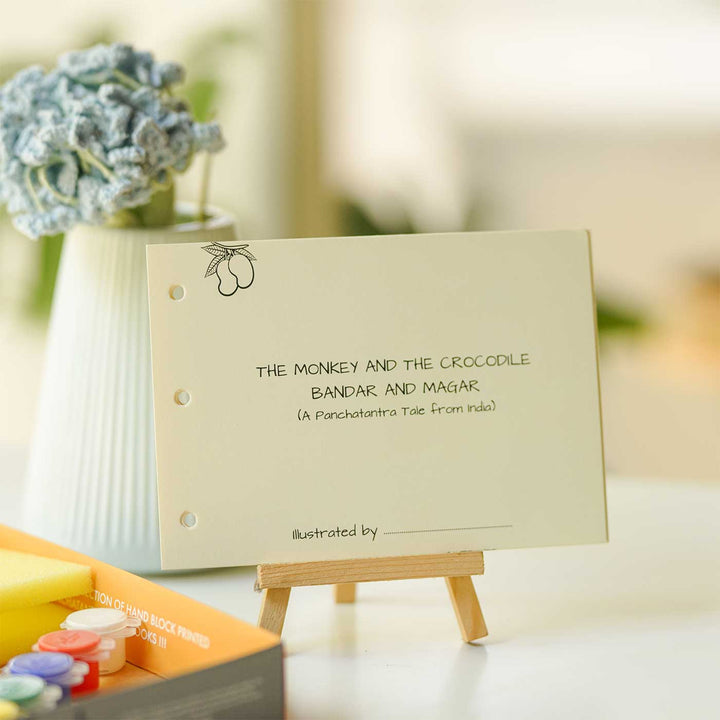 The Monkey and the Crocodile Panchatantra Block Printing DIY Kit | 5 Stamps, Poster Colours, Painting Brush, Printing Pads, Story Cards  And Jute String