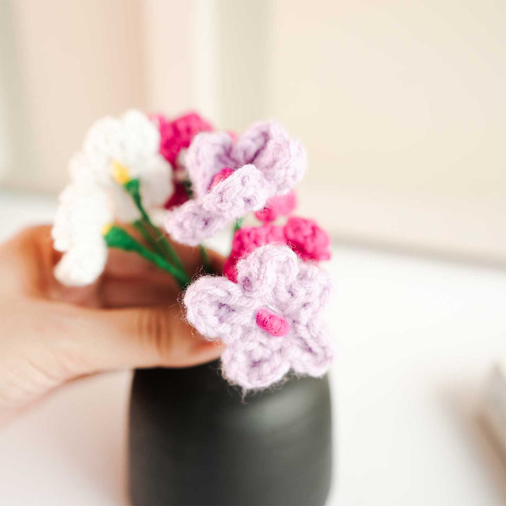 Handmade Crochet Mini Daisies With Black Bud Ceramic Vase