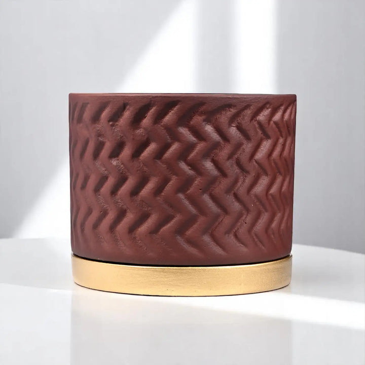 Handmade Brown Terracotta Planter With Gold Tray