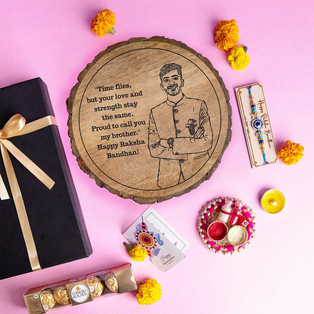 Photo Personalized Engraved Bhai Theme Wooden Decorative Plaque Rakhi Hamper Includes 1 Rakhi 1 Plaque 1 Chocolate 1 Card And 1 Rakhi Plate - Gift Set Flat Lay with All Items