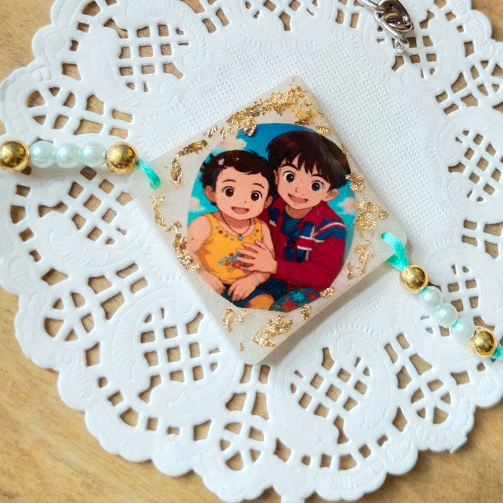 Photo Personalized Ghibli Theme Resin Rakhi 1 - Front View Showing String Attachment