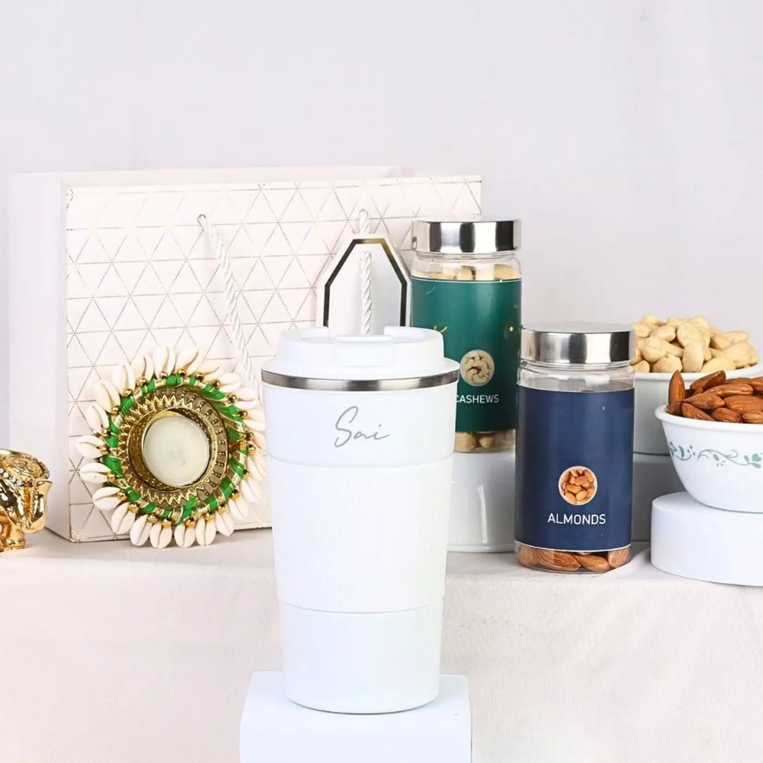 Personalized Premium Diwali Gift Hamper | Includes 1 Silicone Mug, 1 Almond Jar, 1 Cashew Jar, 1 Kodi Diya, 1 Trail Mix, 1 Greeting Card