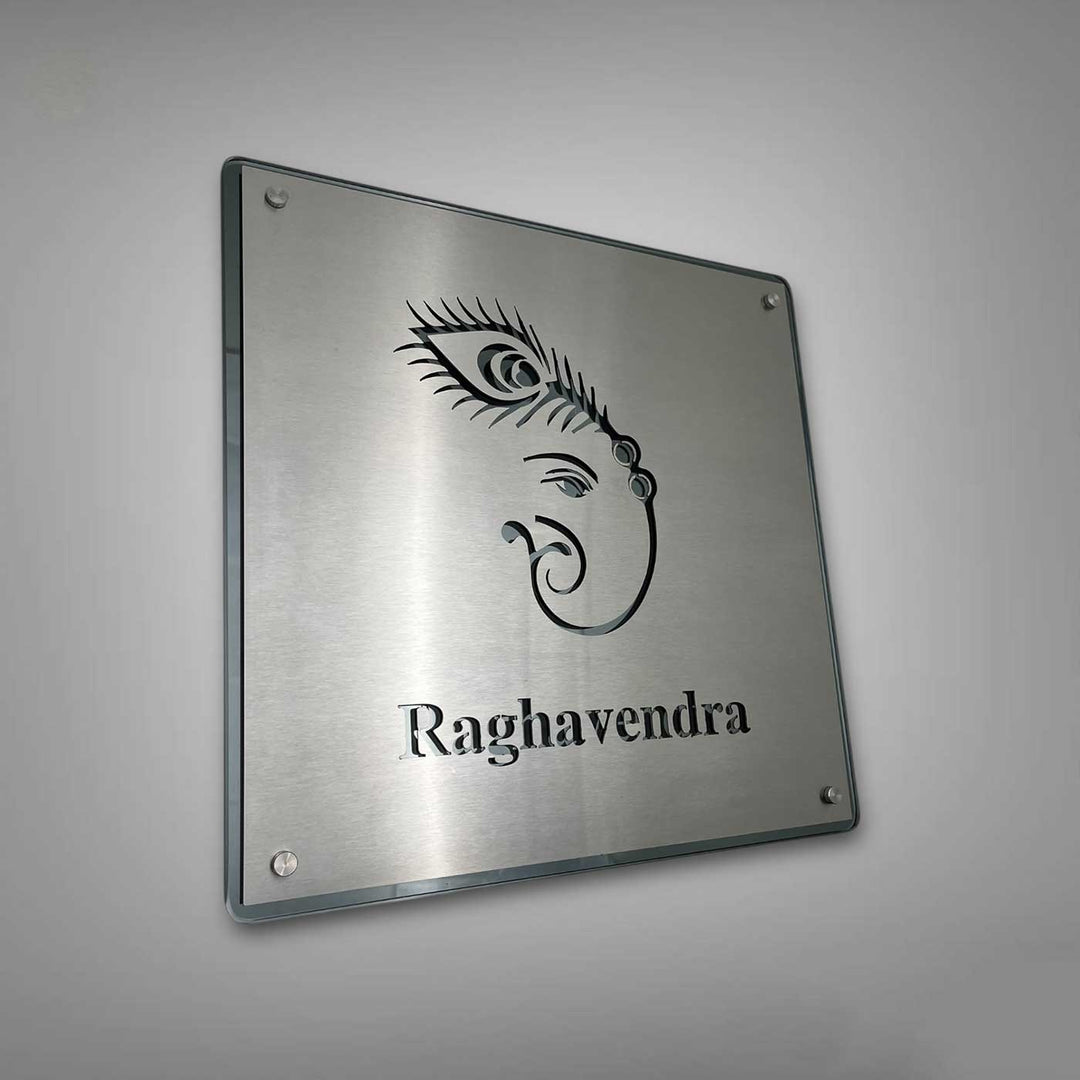Personalized Engraved Minimalist Ganesha Theme Stainless Steel Name Plate