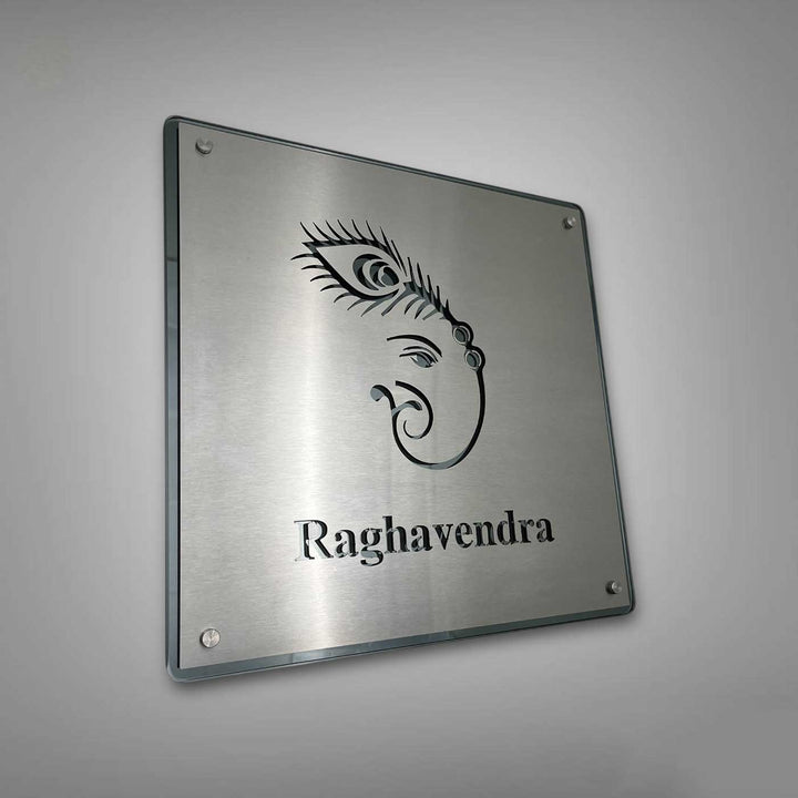 Personalized Engraved Minimalist Ganesha Theme Stainless Steel Name Plate