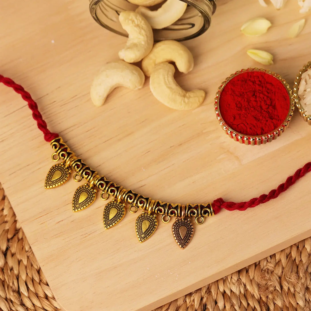 Handmade Golden Leaf Charm Rakhi With Roli Chawal