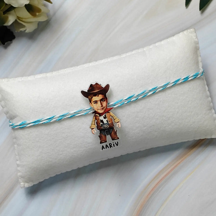 Photo Personalized Reusable Caricature Cow Boy Theme Acrylic Kids Rakhi