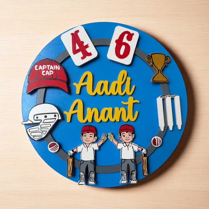 Personalized Cricket Theme MDF Wood Kids Name Plate For Siblings