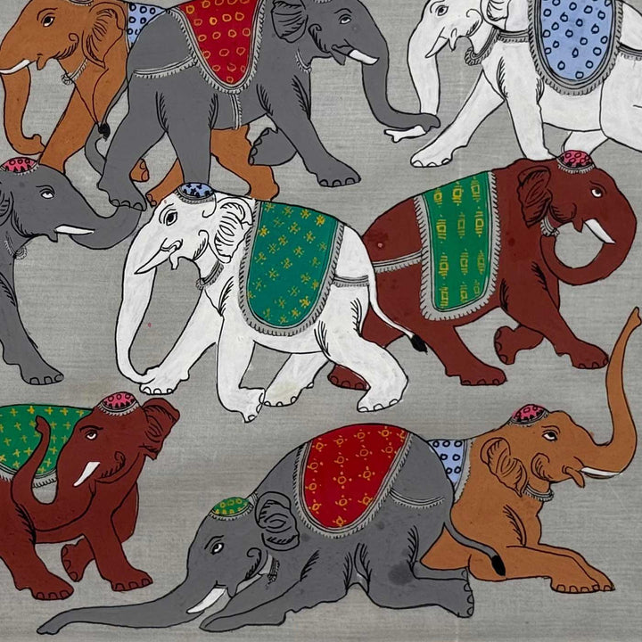 16 X 12 Inch | Handmade Silk Elephant Herd Painting