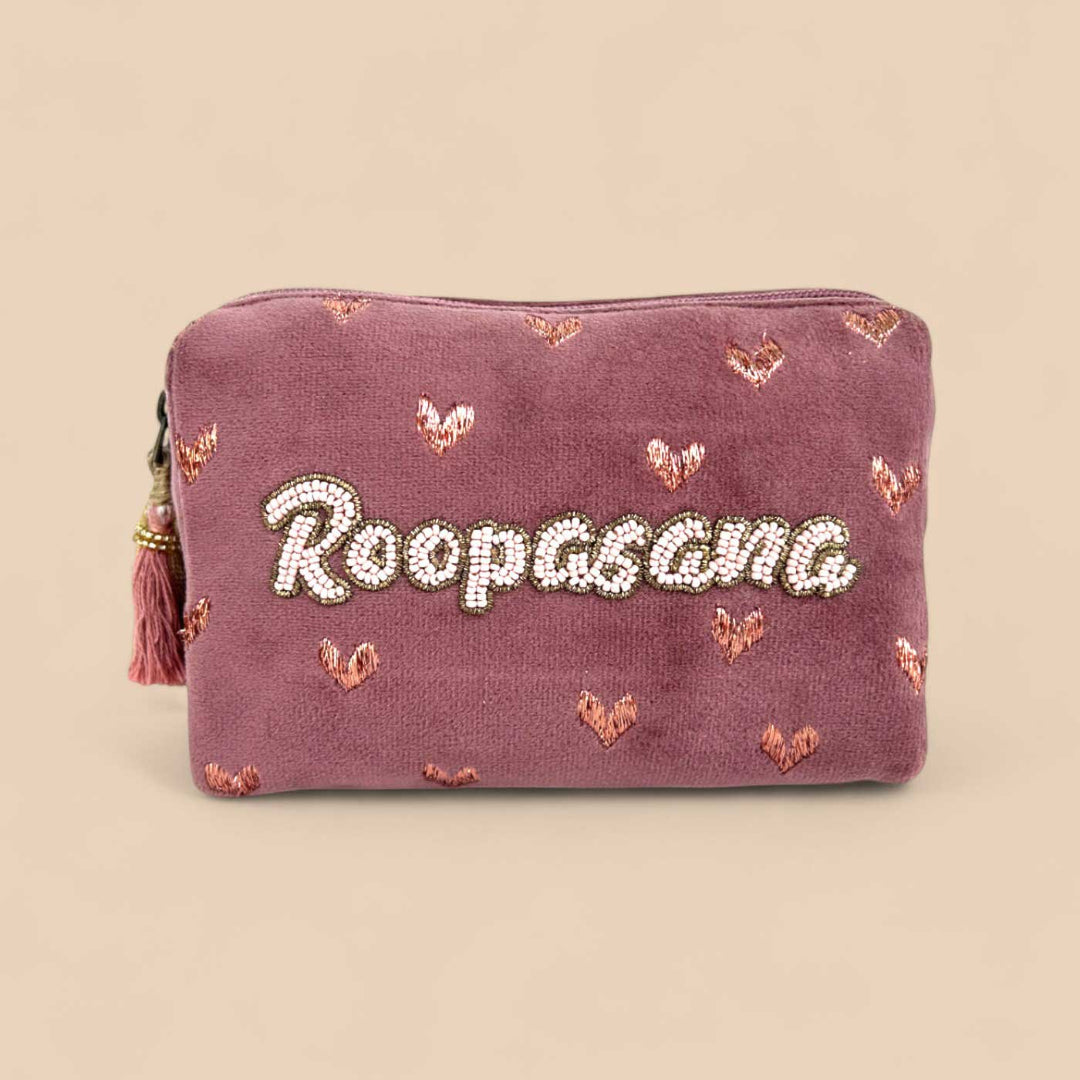 Personalized Handmade Embroidered Rust Hearts Design Velvet Pouch