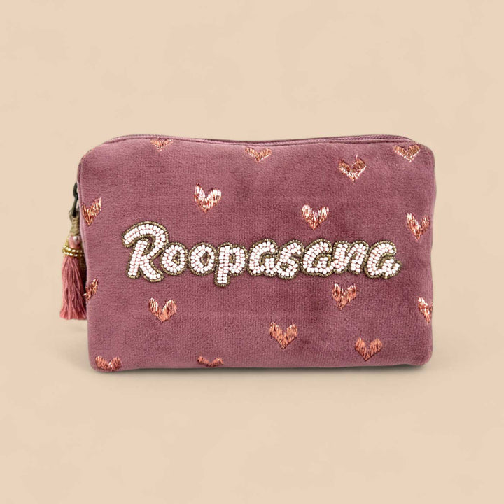 Personalized Handmade Embroidered Rust Hearts Design Velvet Pouch