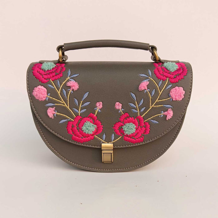 Handmade Embroidered Flower Design Black Rexine Sling Bag