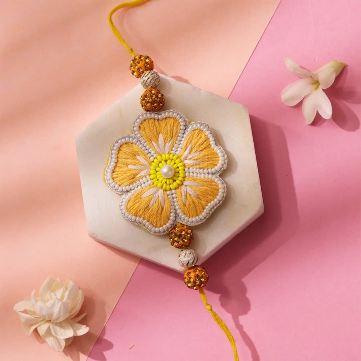 Hand Embroidered Yellow Flower Rakhi With Roli Chawal