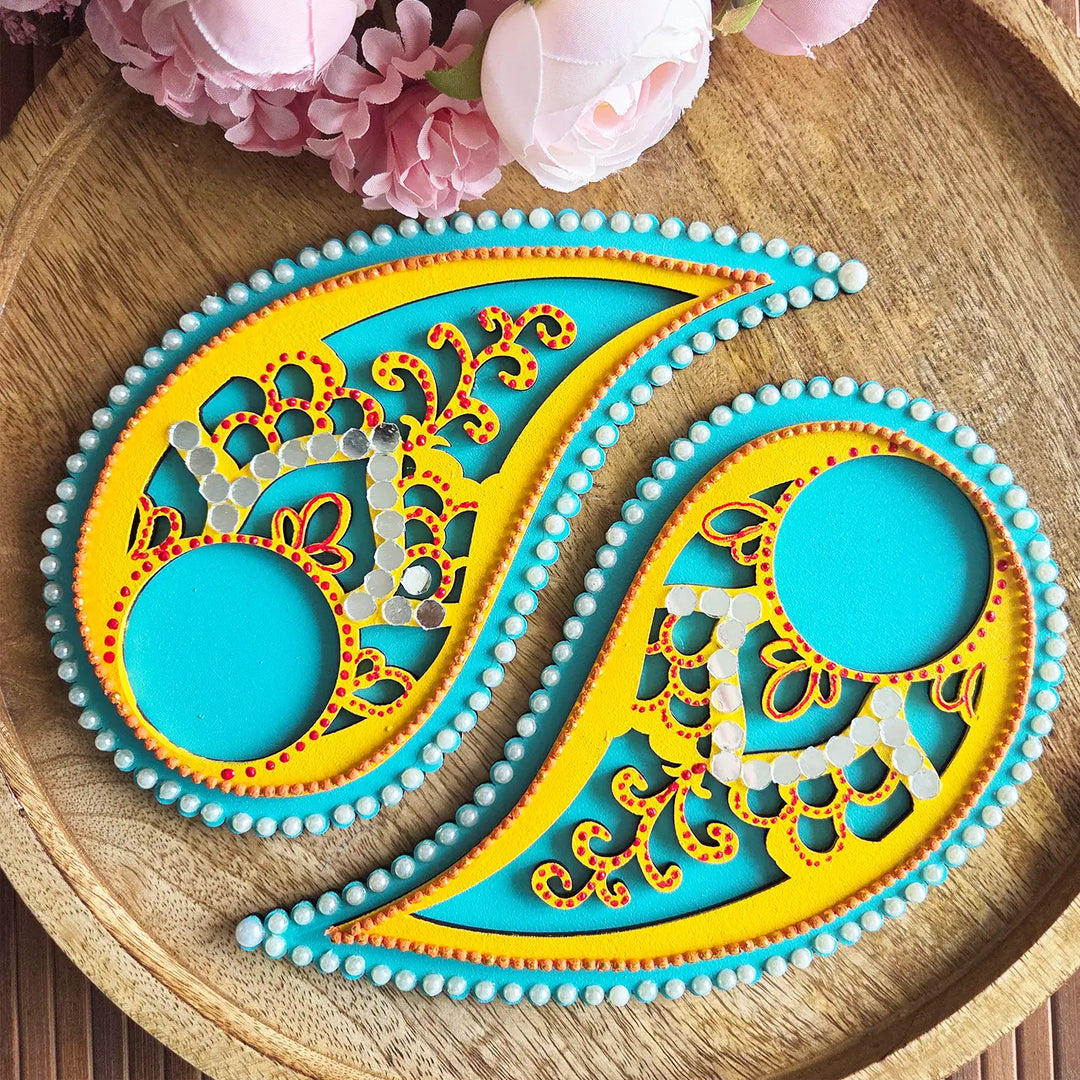 Hand-Painted Mirror Work Paisley Shaped MDF Wood Tealight Holder | Set Of 2