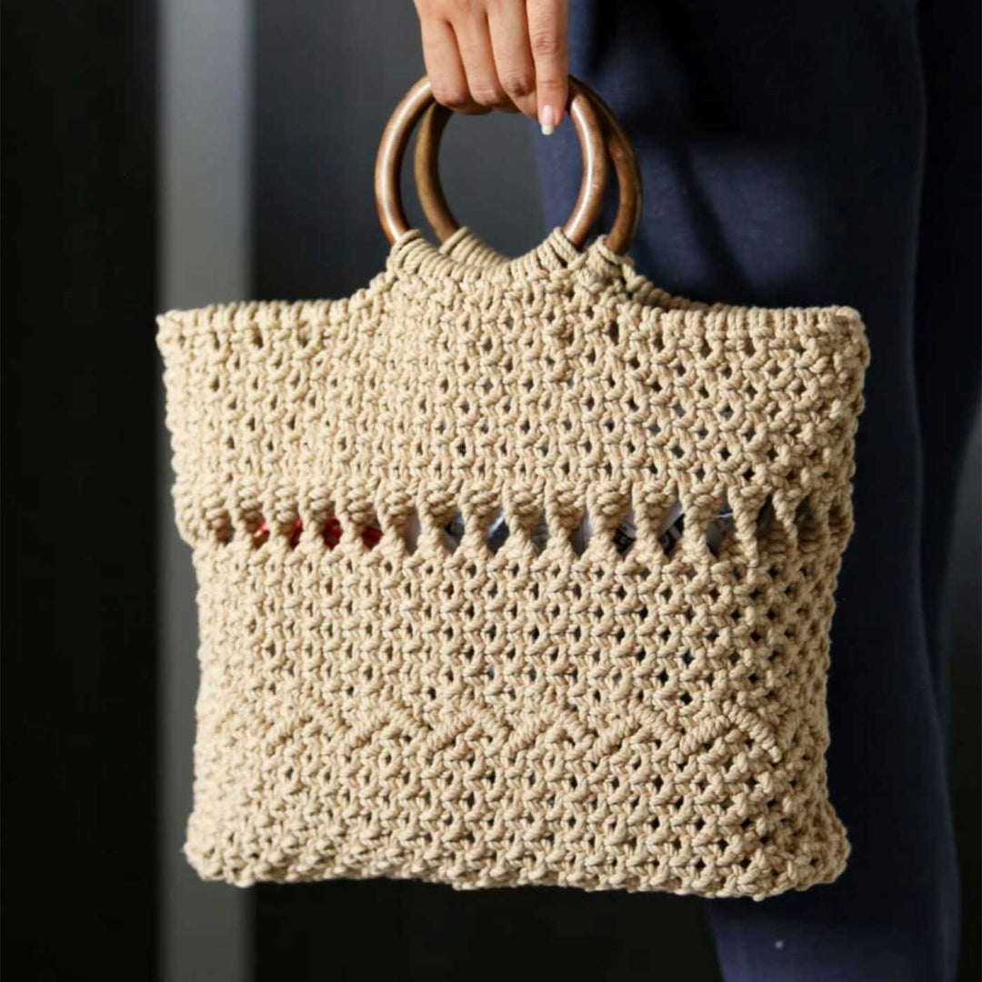 Handmade Macrame Tote Bag With Wooden Handle