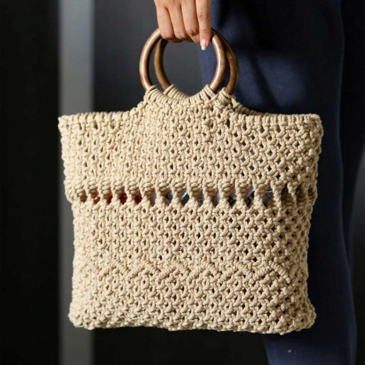 Handmade Macrame Tote Bag With Wooden Handle