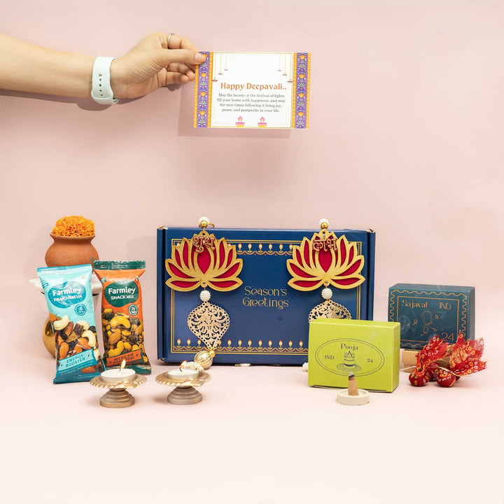 Handmade Mridula Gift Hamper | Includes 2 Snacks Mix, 1 X Set Sajavat Shubh Labh, 1 Pooja Samaghri Dhoop, 2 Metal Diya, 1 Plantable Seed Ball, 1 Diwali Card And 1 Box