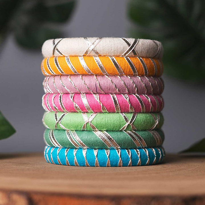 Pastel Handcrafted Silver Gotta Patti Bangles | Set of 7