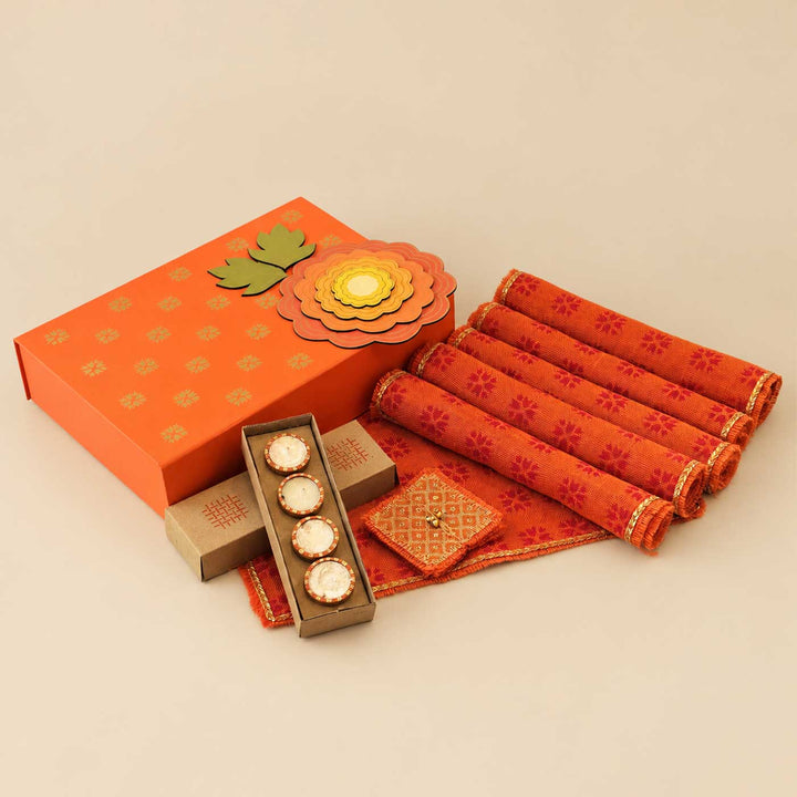 Orange Phulkari Diwali Table And Home Décor Small Gift Hamper For Festive Gifting