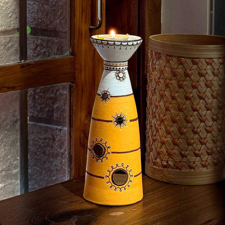 Set of 5 | Sunny Yellow Hand-Painted Terracotta Disc & Long Diya Tealight Holders For Festive Decor