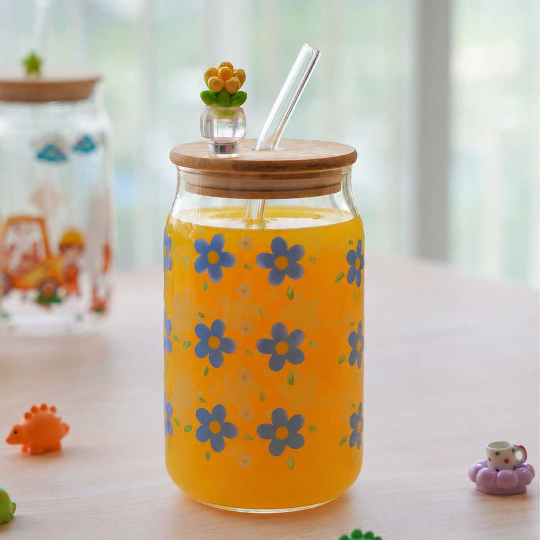 Cute Printed "Floral" Theme Glass Tumbler With Straw For Kids