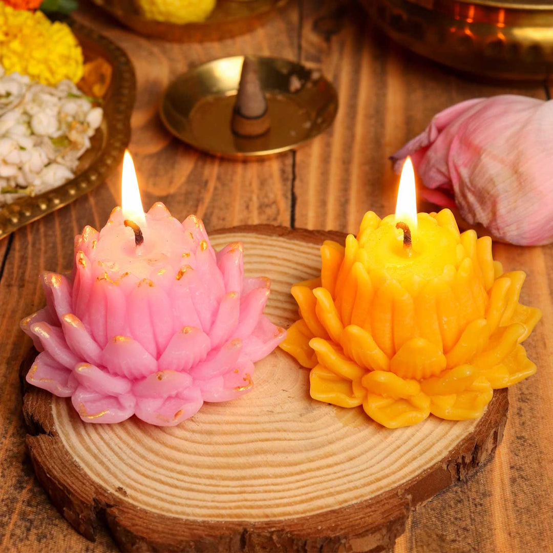 Handmade Pink & Yellow Lotus Soy Wax Scented Candle | Set Of 2