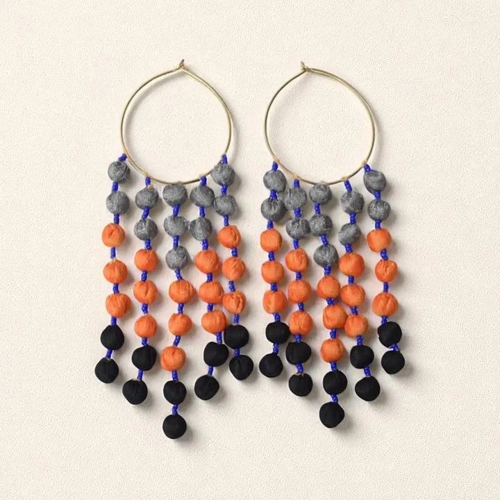 Handmade Textile Art Hoop Hanging Round Tassels Dupion Silk Fabric Earrings